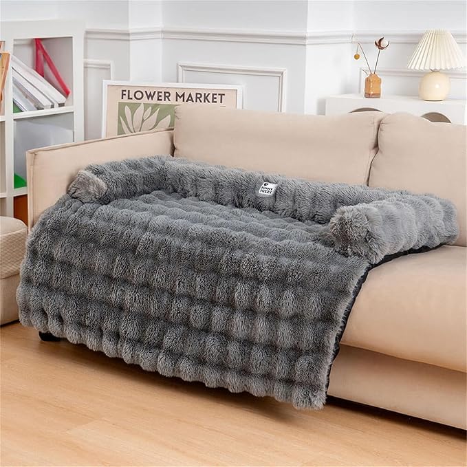 FUNNY FUZZY Pet Fluffy Plush Calming Dog Couch Bed Sofa Protector Washable Pets Mat for Large Medium Small Dogs and Cats (Grey,47.24 × 37.4 × 6.3 in)
