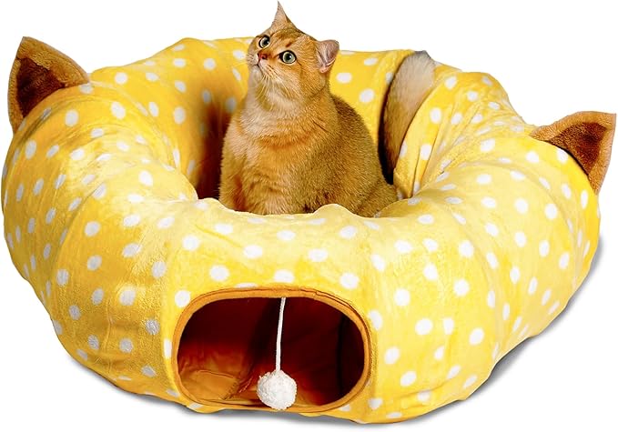 AUOON Cute Cat Donut Tunnel - Round Cat Tunnel Bed with Washable Cushion Interactive Cat Toy for Indoor Cats Kitten Kitty Puppy Rabbit Ferret (Yellow)