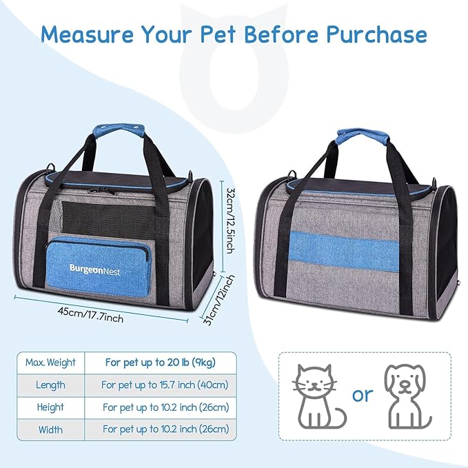 BurgeonNest Cat Carrier for Large Cats 20 lbs,Medium Pet Under 25 lbs,2 Puppy and Small Dogs with Unique Side Bag,Top Load Pet Carrier Soft-Sided Escape Proof with 4 Ventilated Windows