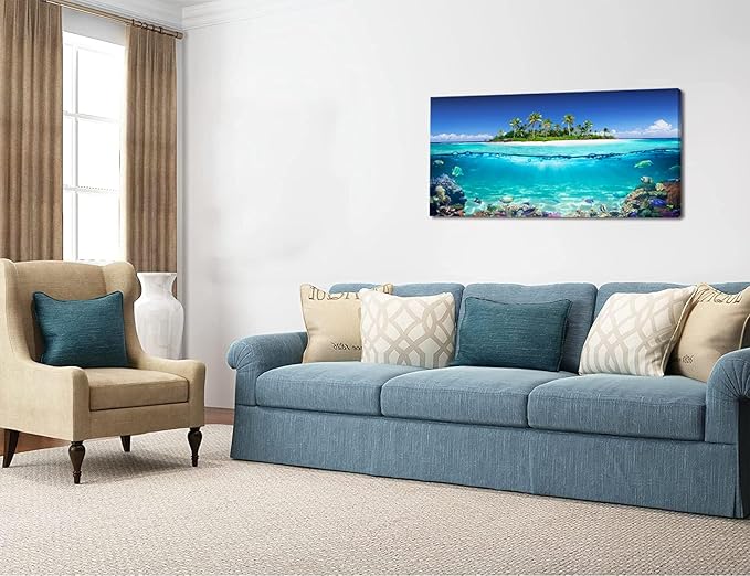 Tropical Island Coral Reef Landscape Canvas Wall Art for Living Room,Unique View Split Waterline Scenery,Beautiful Nature Summer Travel Scenic Picture Print Artwork Painting Decor,Inner Frame 24x48