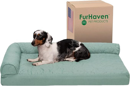 Furhaven Cooling Gel Dog Bed for Medium/Small Dogs w/ Removable Bolsters & Washable Cover, For Dogs Up to 35 lbs - Pinsonic Quilted Paw L Shaped Chaise - Iceberg Green, Medium