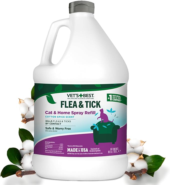 Vet's Best Natural Flea & Tick Home Spray for Cats – Cotton Spice Scented Indoor Pest Control Mist – Natural Flea Prevention with Certified Plant-Based Ingredients – 96 oz Refill – Made in USA
