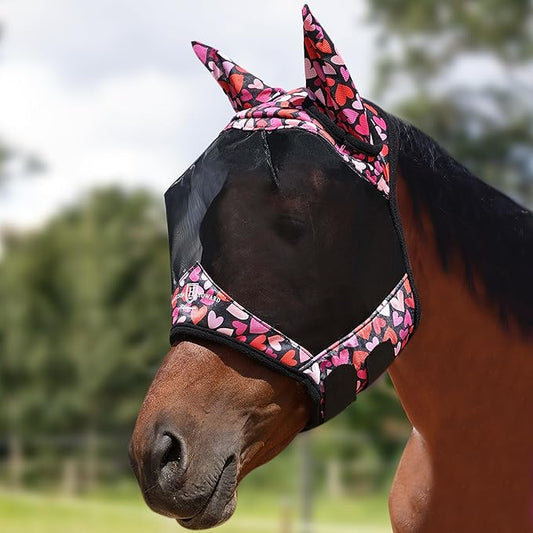 Harrison Howard Pro LumiVista Horse Half Face Fly Mask Large Eye Space with Ears UV Protection for Horse Cute Hearts L