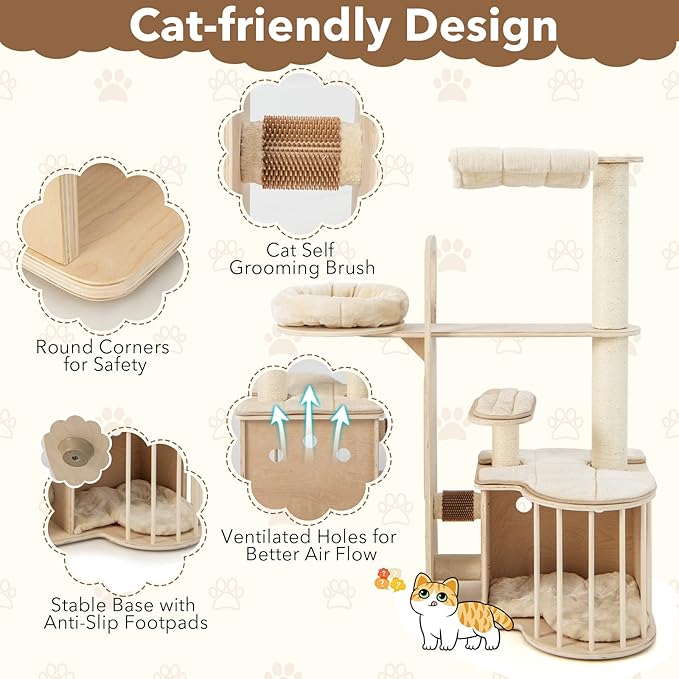 Tangkula Wood Cat Tree for Indoor Cats, 55 Inch Multi-Level Cat Tower Activity Center with Hammock, Cat Condo, Sisal Scratching Posts & Washable Cushions, Modern Cat Tree Houses for Large Cats
