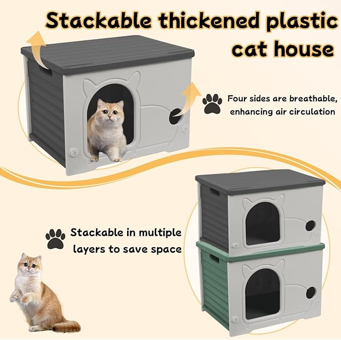 Plastic Outdoor Cat House Waterproof Feral Cat Shelter(Gray)
