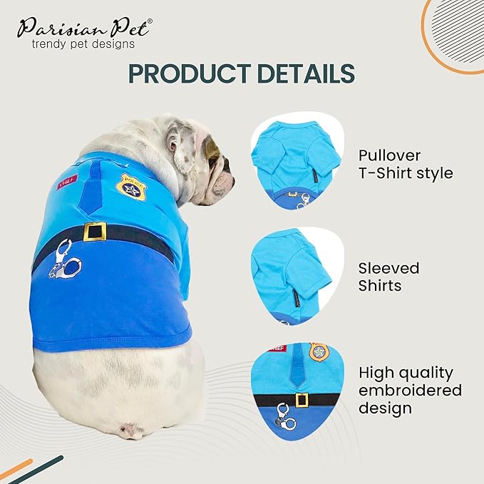 Parisian Pet Sleeved Cop Costume - Embroidered Police Dog Shirt - Blue Cotton & Polyester Sleeved Cop Costume for Large Dogs (Large)
