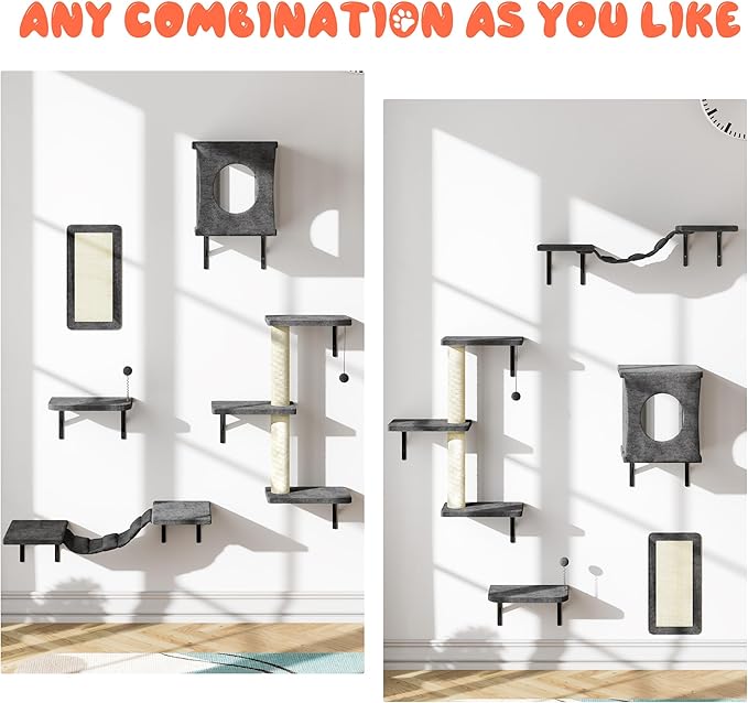 NUNU LAB Cat Wall Shelves Set, 5 Pcs Wall-Mounted Cat Climber with Condo House, Bridge Ladder, Scratching Post, Indoor Cat Furniture Set, Gray