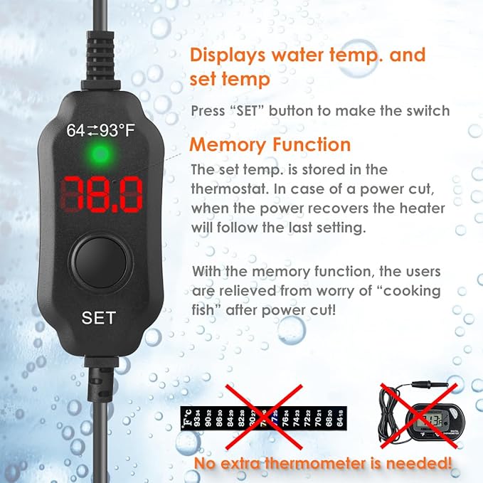 Super Compact 50W Fish Tank Heater, Submersible Aquarium Heater with LED Digital Display Thermostat, Adjustable Fish Heater for 5-10 Gallon Tanks