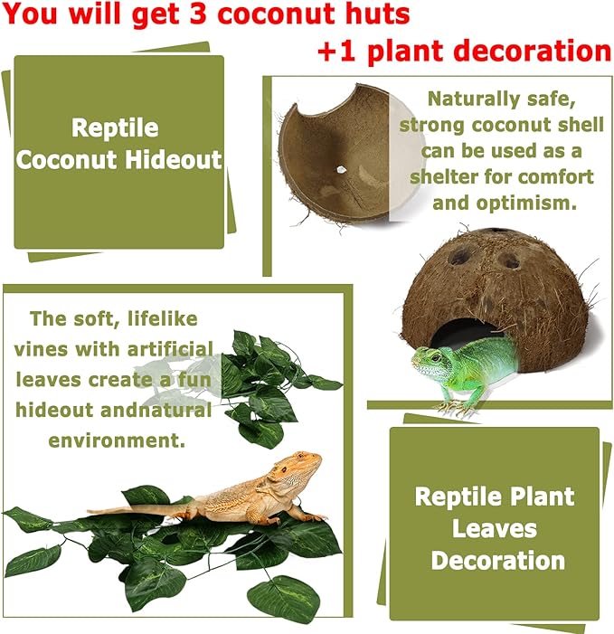 Hamiledyi Reptile Hideouts Natural Coconut Shells Hut Hermit Crab Climbing Toys Gecko Hide Cave Lizard Habitat Decor Plant Leaves Decoration for Spider Snake Chameleon (4Pcs)