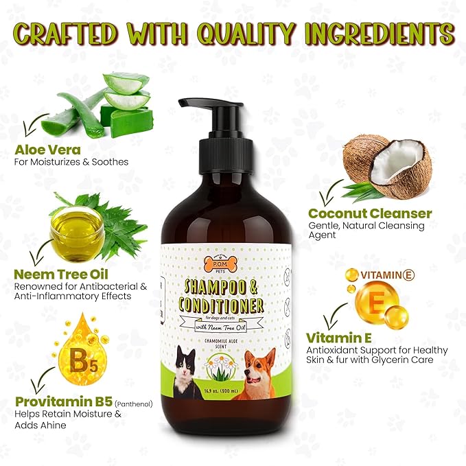 POM Pets 2-in-1 Organic Dog Shampoo & Conditioner – Itchy Skin Relief, Dog Deshedding, Detangles Fur, Cat Shampoo, Paw Cleaner for Dogs, Natural Coat Defense Formula