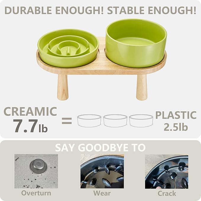 Ceramic Slow Feeder and Water Bowl Set for Medium and Large Dogs, Ceramic Dog Bowls Elevated with Wooden Stand, 2.0 Cups Dog Slow Feeder(30oz) and 70oz Water Bowl Set, Green