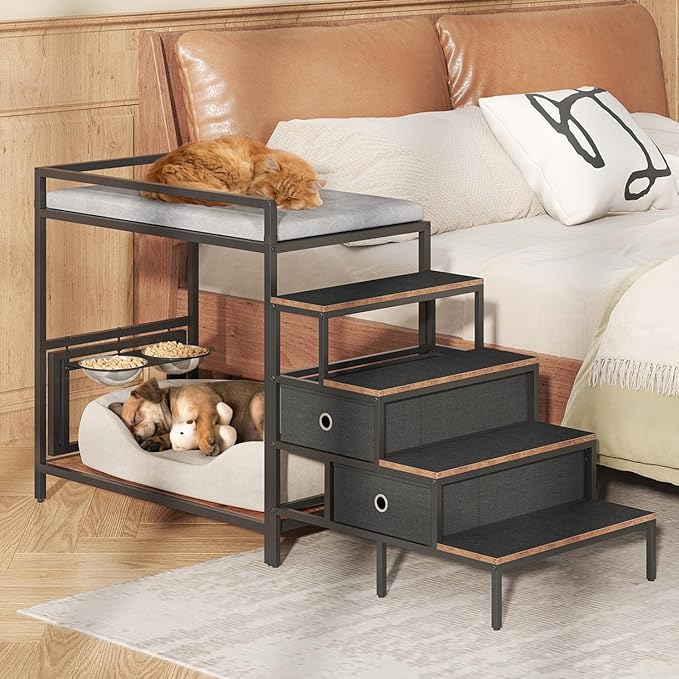 Dog Window Perch with 360° & Adjustable Raised Feeder, Pet Bunk Bed with Removable Stair and 2 Drawers, Elevated Platform Bed, Pet Elevated Seat with Cushion, Paw-Friendly Ladder