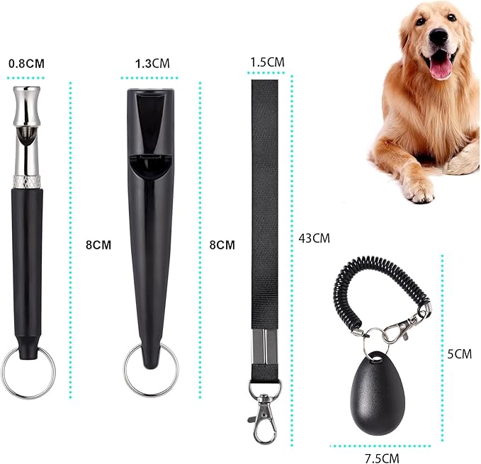 3 PCS Dog Whistles Set, Adjustable Recall Dog Training Whistle Silent Dog Whistle to Stop Barking with Lanyard,Dog Clicker(Black)