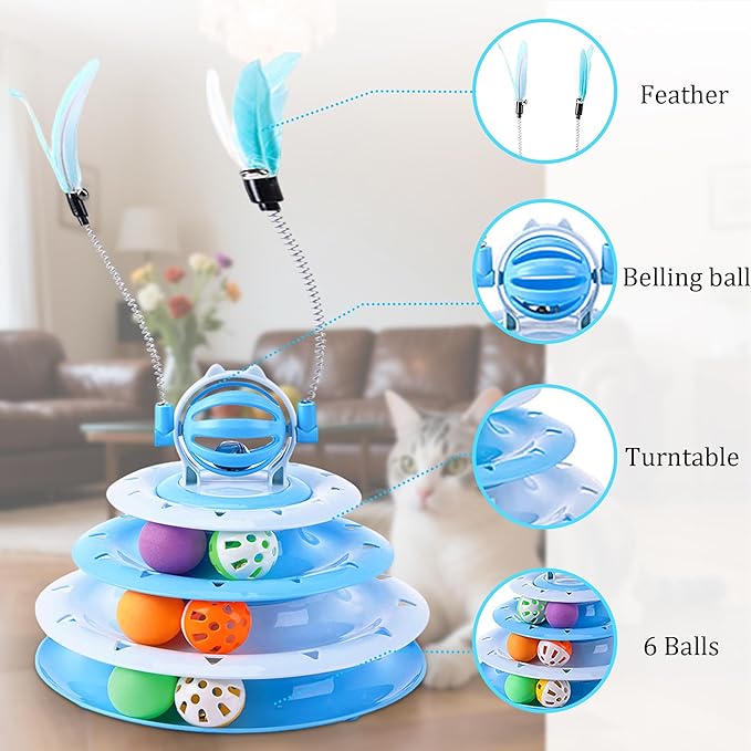 Vealind Cat Toy Roller 4-Level Turntable Cat Toys Balls with Colorful Pom Pom Balls Interactive Fun Mental Physical Exercise Puzzle Kitten Toys (Blue)