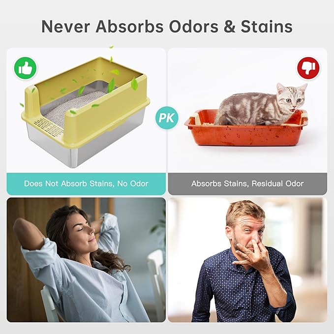 Stainless Steel Litter Box with High Side, XXL Extra Large Cat Litter Box for Big Cats & Multiple Cats, Non-Sticky, No Urine Leakage, Easy Clean Cat Litter Pan Include Scoop