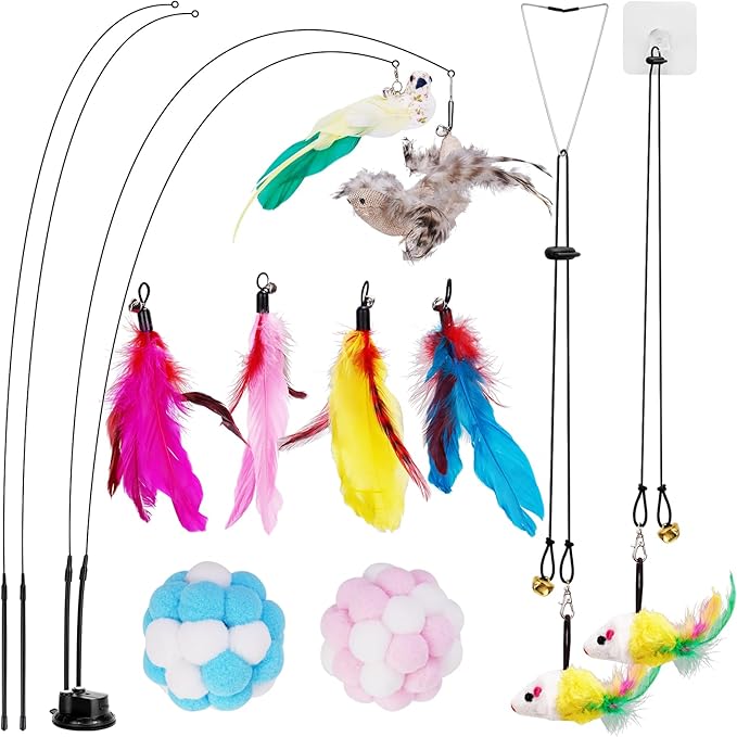 ZooZoo 14PCS Interactive Cat Feather Toy Set for Indoor Cats, Active Play Kit with Door Hanging Toy, Double-Sided Suction Cat Wand with Feathers, Mice & Fur Balls, Encourages Hunting, Jumping, Chasing