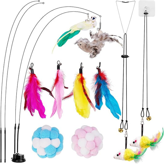 ZooZoo 14PCS Interactive Cat Feather Toy Set for Indoor Cats, Active Play Kit with Door Hanging Toy, Double-Sided Suction Cat Wand with Feathers, Mice & Fur Balls, Encourages Hunting, Jumping, Chasing