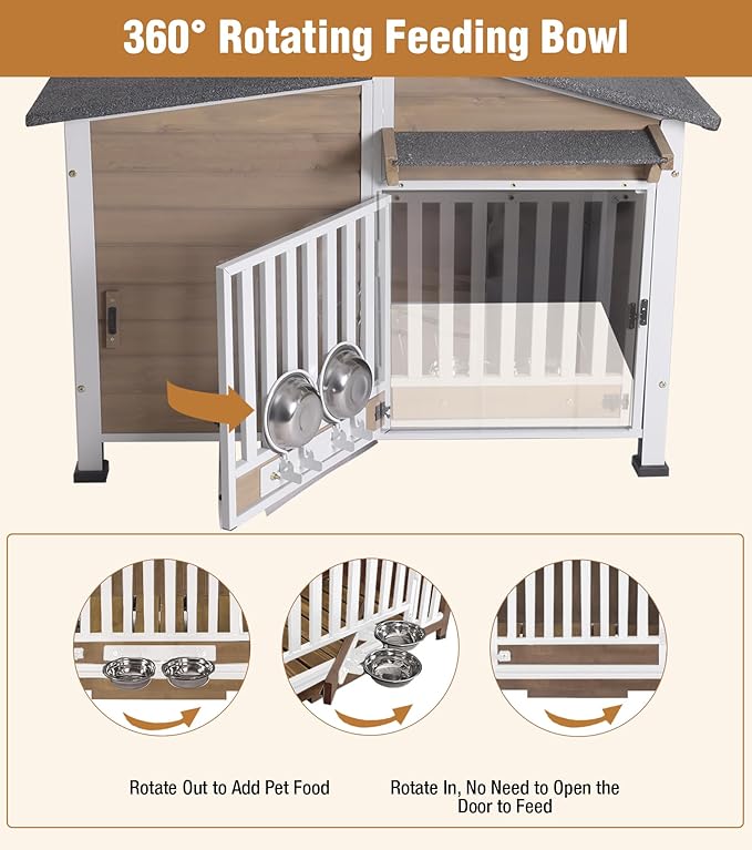 GUTINNEEN Dog House Outdoor with Anti-Chewing Metal Frame, Wooden Dog Kennel with 360° Rotating Feeding Bowl, Weatherproof Roof, for Indoor & Outdoor Use - Brown