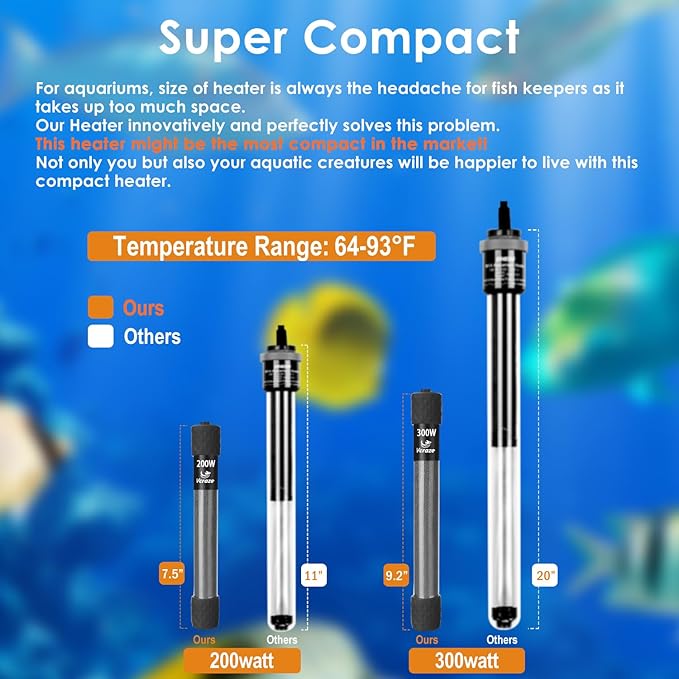 Super Compact 300W Fish Tank Heater, Submersible Aquarium Heater with LED Digital Display Thermostat, Adjustable Fish Heater for 40-60 Gallon Tanks