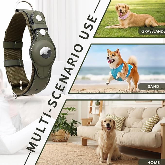 AirTag Dog Collar Soft Leather Webbing Dog Collar for AirTag Provides Double Protection for Small Medium and Large Dogs(Blue,L)