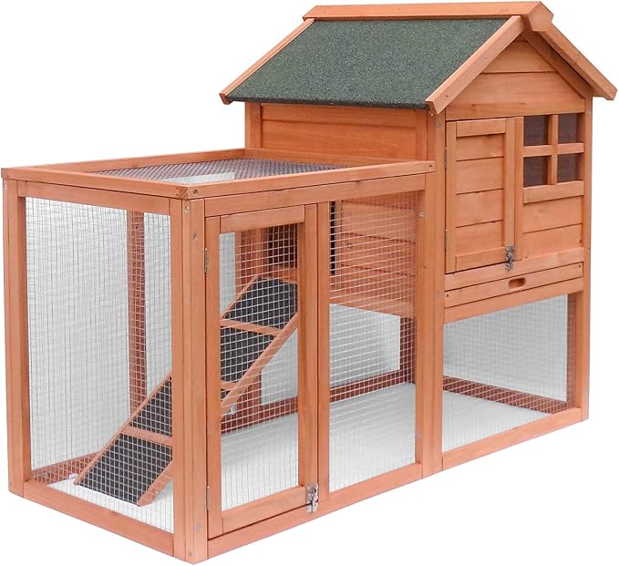 Rabbit Hutch Chicken Coop Kennel Easily Assembled 2 Story with Removable No Leak Tray Solid Fir Wood Weatherproof for Indoor Outdoor Pets