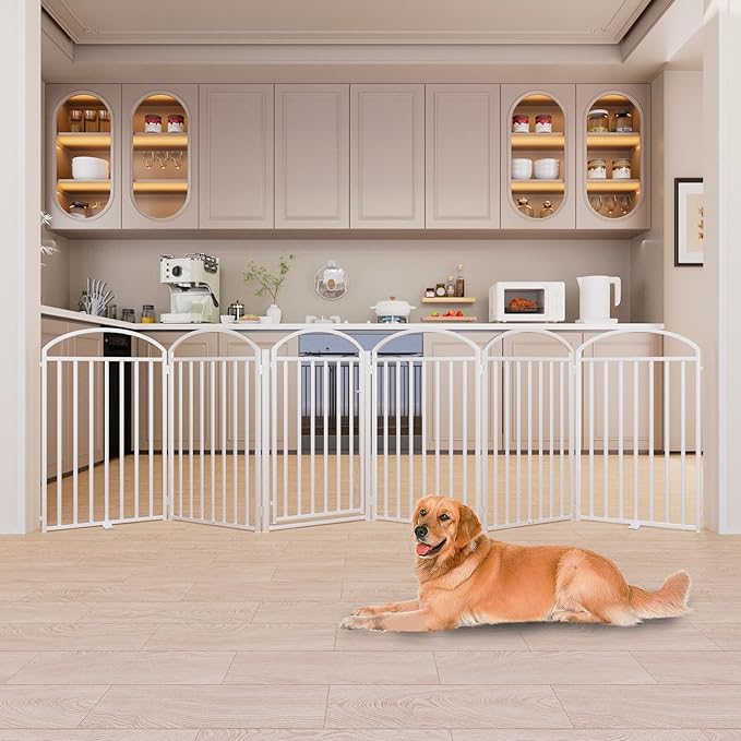 6 Panles Full Matel Freestanding Dog Gates with Door, 144"Extra Wide 36"Tall Free Standing Dog Pet Gate for Indoor & Outdoor. Foldable Pet Fences for Doorways, House, Stairs, Porch, Deck, Yard