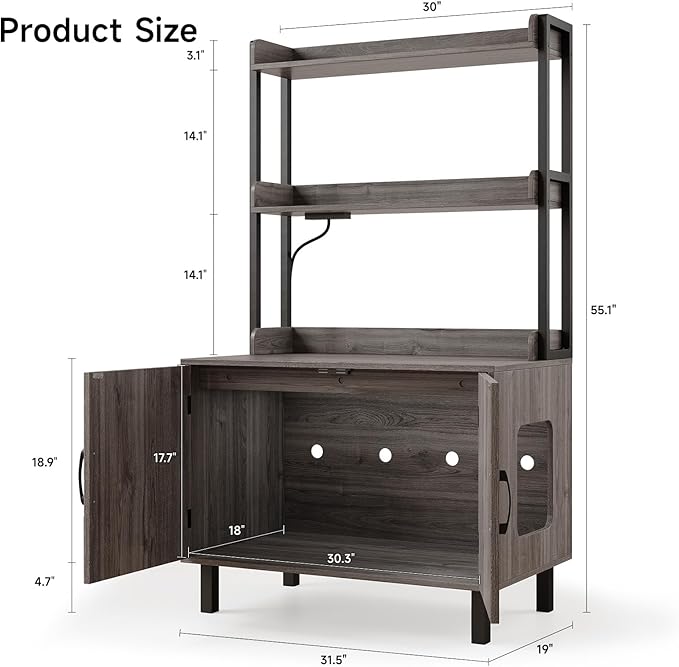 55 Inches Cat Litter Box Enclosure, Hidden Litter Box Furniture with 2 Storage Shelves and Charging Sockets, Wooden Cat House, Large Indoor Cabinet for Living Room & Entryway, Grey