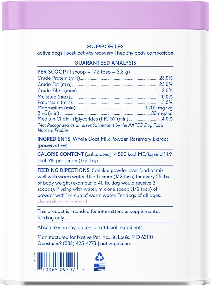 Native Pet Goat Milk for Dogs - Organic Goat Milk Powder for Dogs and Cats - Puppy Formula Dairy Replacement Packed with Protein & Vitamins for Immunity, Recovery & Growth for Active Pups - 120 Scoops
