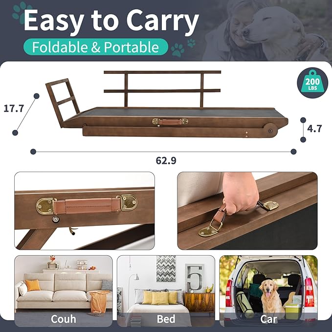 Dog Ramp, 5 Level Adjustable Height Folding Pet Ramp for High Bed, Portable Paw Ramps Large Bed Ramp for Medium & Large Old Dogs & Cats - Natural Wood Furniture Quality