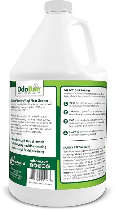 OdoBan Ready-to-Use Luxury Vinyl Floor Cleaner, Streak Free and Neutral PH Formula, Made in the USA, Scentless, 4 Gallons