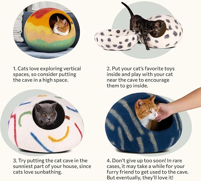 MEOWFIA Cat Cave – Premium Felt Cat Bed for Indoor Cats, Handmade 100% Merino Wool (Medium, Snow Leopard)