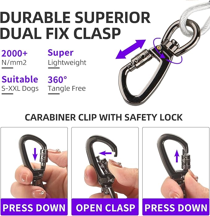 Dog tie Out Cable, 10/20/25/30/50/70/100 feet, Suitable for Dogs up to 350 pounds, Dog Cable with Swivel Buckle, Lightweight, Non-Winding, for Outdoor Camping, Yard Dog Cable (White, 20FT)