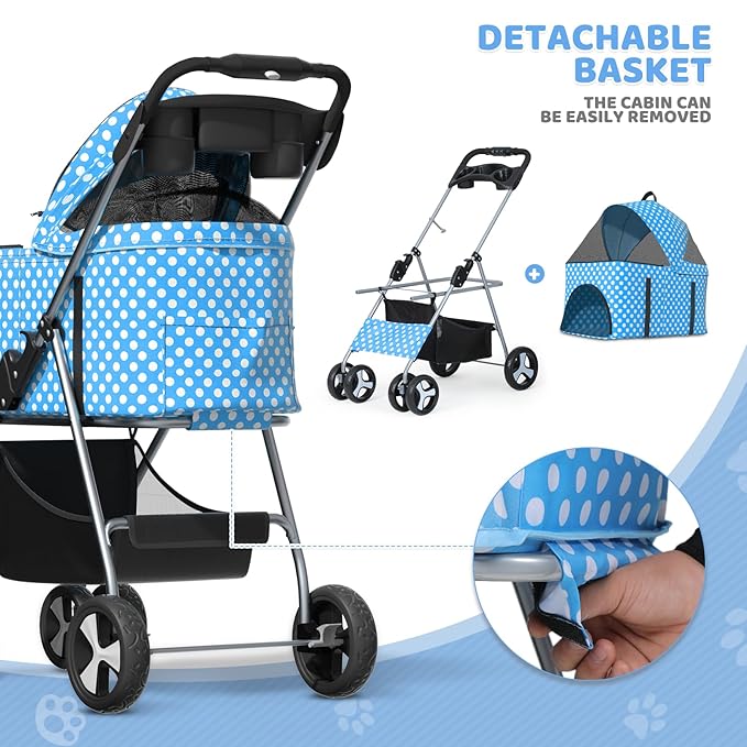 Magshion Foldable Pet Stroller, 3-in-1 Dog Travel Jogger with Detachable Carrier, Cup Holder, Storage Basket, Folding Carrier for Small/Medium Dogs & Cats Up to 33 lbs, Sky Blue Polka Dots