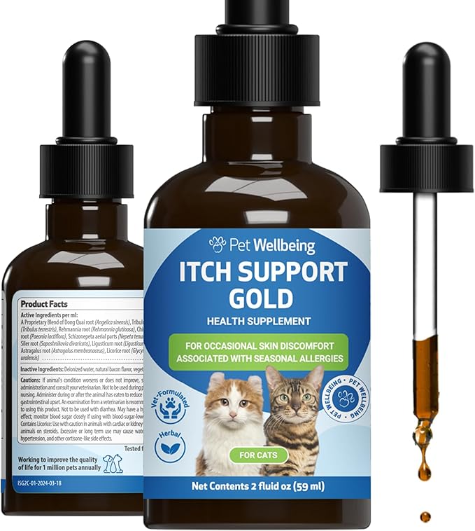 Pet Wellbeing Itch Support Gold for Cats - Occasional Itching, Scratching, and Hot Spots, Environmental and Seasonal Allergies, Dong Quai - Veterinarian-Formulated Herbal Supplement 2 oz (59 ml)