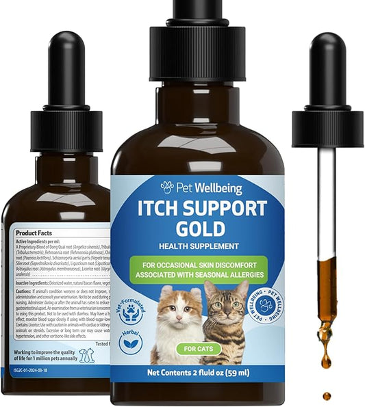 Pet Wellbeing Itch Support Gold for Cats - Occasional Itching, Scratching, and Hot Spots, Environmental and Seasonal Allergies, Dong Quai - Veterinarian-Formulated Herbal Supplement 2 oz (59 ml)