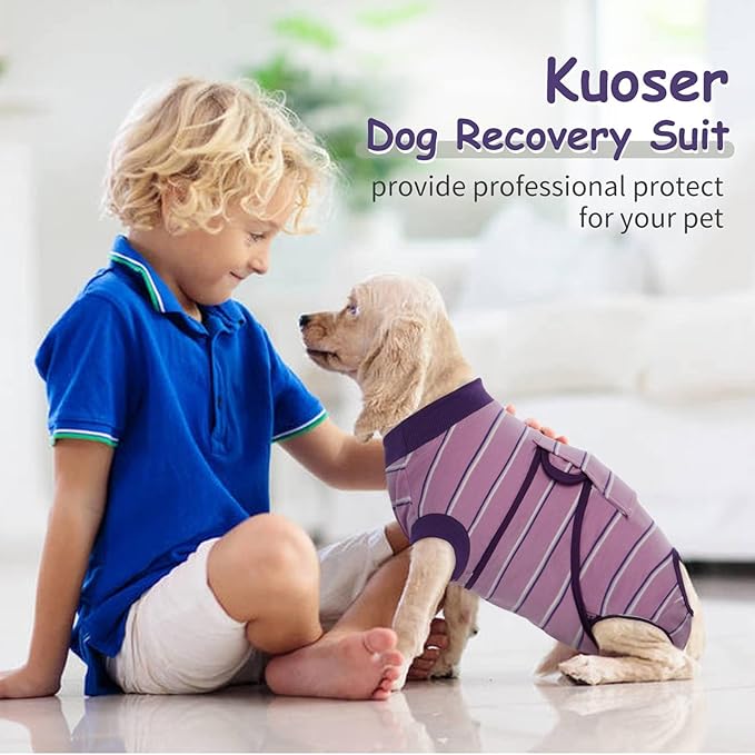 Kuoser Dog Surgery Recovery Suit for Female Male Dogs, Stripes Spay Neuter Anti-Licking Dog Onesie, Abdominal Wounds Surgical Suit Snugly Pet Collar Alternative Post Surgery Vest Bodysuit, Purple 2XL