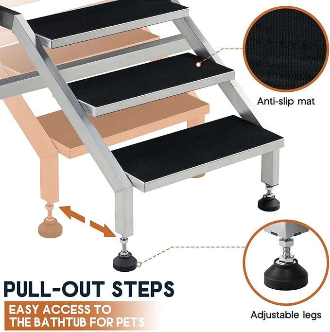 Albott 60 Inch Stainless Steel Dog Washing Station with Anti-Slip Steps, Sprayer, Faucet, Soap Box, Tow Rope – Professional Pet Bathtub for Large Pets, Ideal for Home, Garage, and Grooming(Left)