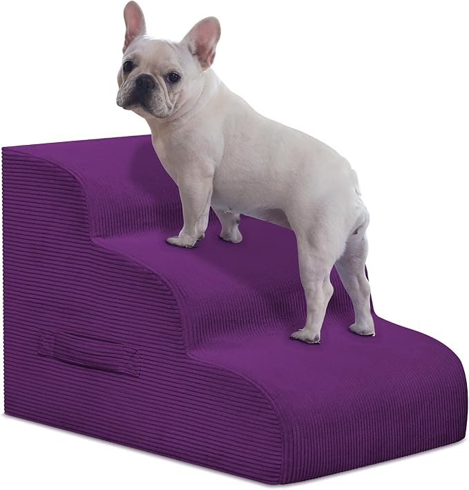 Dog Steps for Small Dogs, 3-Step Dog Ramp and Stairs for High Beds and Sofa, Non-Slip Pet Stairs Removable and Easy to Clean Cover, Purple