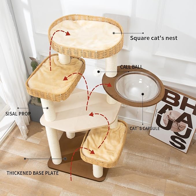 Cat Tree Tower for Indoor Cats, House Condo for Large Cats, Modern Tall Manual Hand Woven With Sisal, Scratching Post, Cute Furniture Activity Centre, Cat Lover Gift