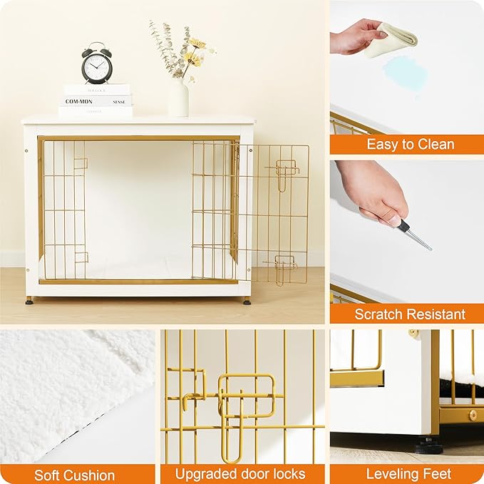 DWANTON Dog Crate Furniture with Cushion, Wooden Kennel Table with Double Doors, Indoor Dog House, Medium Size, 32.5" L, White