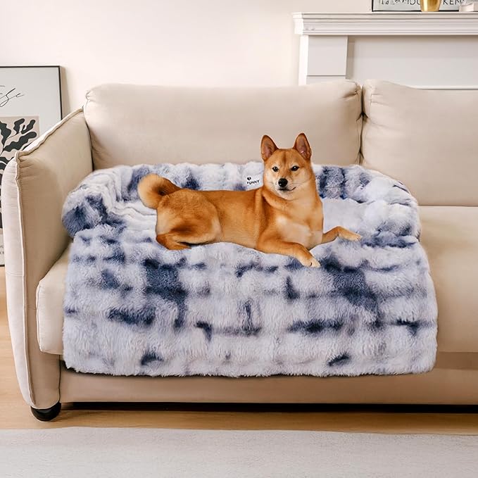 FUNNY FUZZY Pet Fluffy Fuzzy Couch Cover, Calming Washable Dog Bed Sofa Protector Pets Mat for Small Medium Dogs and Cats (Tie-dye Blue,33.45 × 28.35 × 5.51 in)