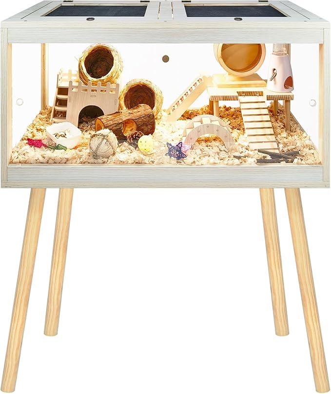 Hamster Cage Chewproof, Mice and Rat Habitat with Transparent Sides, Hamster Cage with Openable Mesh Top, Solid Built with Lock Design and Leg Stand, 32" Wide