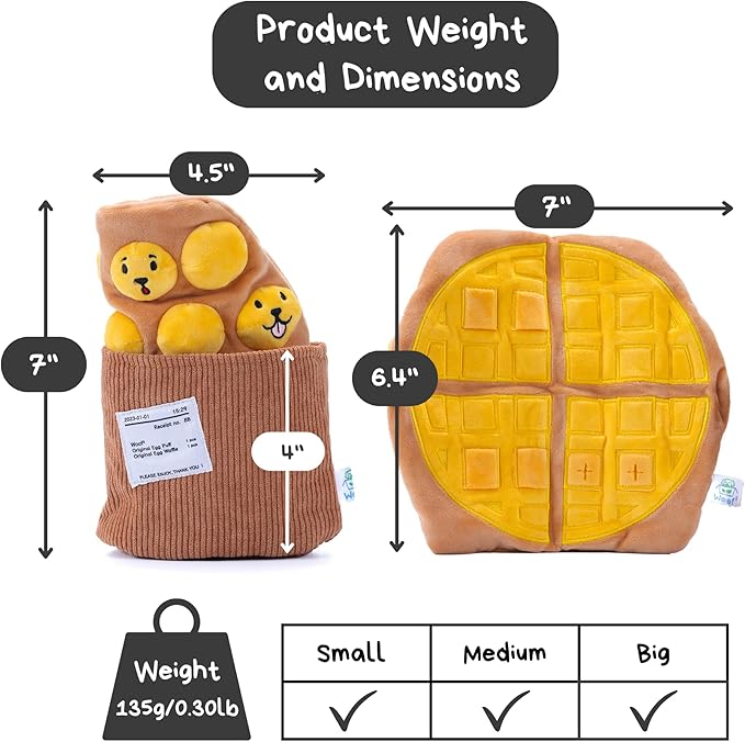Egg Puff/Waffle 2-in-1 Nose-Work Soft Plush Squeaky Dog Toy - Durable, Cute & Fun HK Gift for Interactive Bonding Time, Hide Chew Sticks & Food for Puzzle Play, Small Medium Dogs
