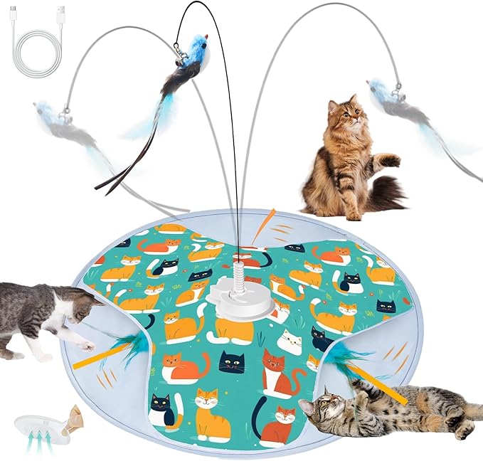 Interactive Cat Toys, 2025 Upgraded Automatic Cat Toy for Indoor Cat, Kitten Toys for Bored Indoor Adult Cats, Hide and Seek Cat Toy with Moving Feather, USB Rechargeable
