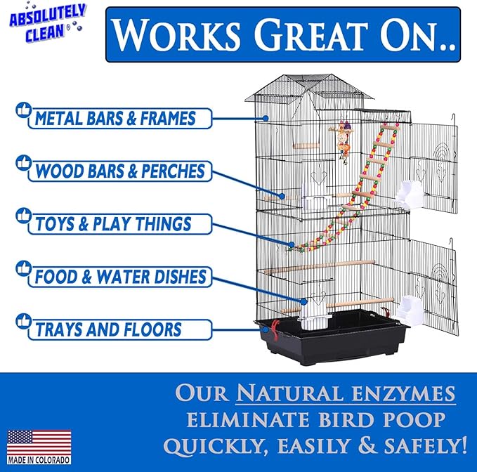 Absolutely Clean Amazing Bird Cage Cleaner and Deodorizer - Just Spray/Wipe - Safely & Easily Removes Bird Messes Quickly and Easily - Made in The US - Fragrance Free - 16oz (Pack of 2)