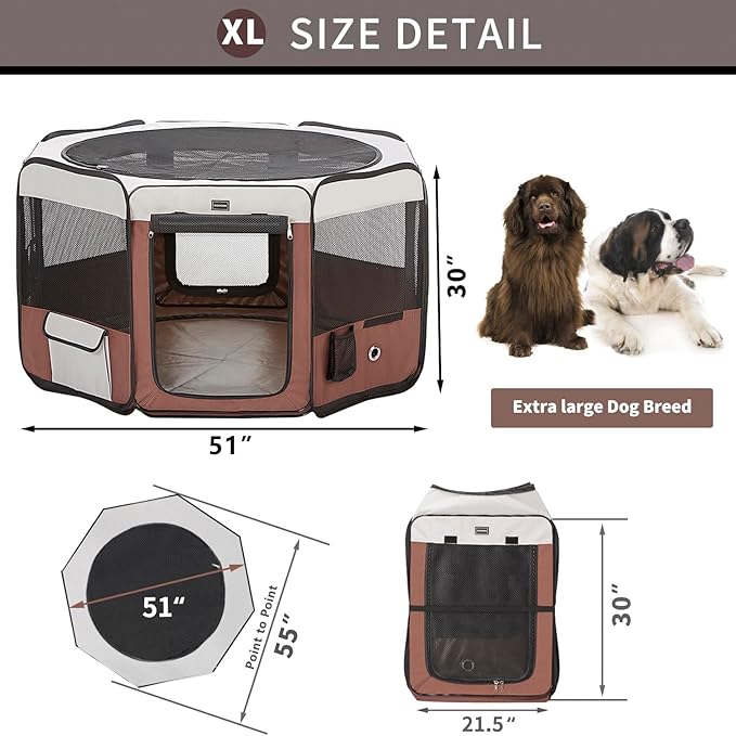 DONORO Dog Playpen 55" Portable Pet Play Pens for Medium Large Dogs, Foldable Exercise Kennel Tent Crate Indoor/Outdoor Travel Camping, Removable Top/Bottom (X-Large 55"x55"x30"), 8