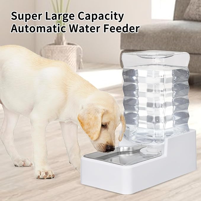 Dog Cat Water Dispenser: 8L White Upgraded Gravity Feeder with Stainless Steel Bowl - BPA-Free Large Capacity for Medium/Large Pets - Indoor & Outdoor Use