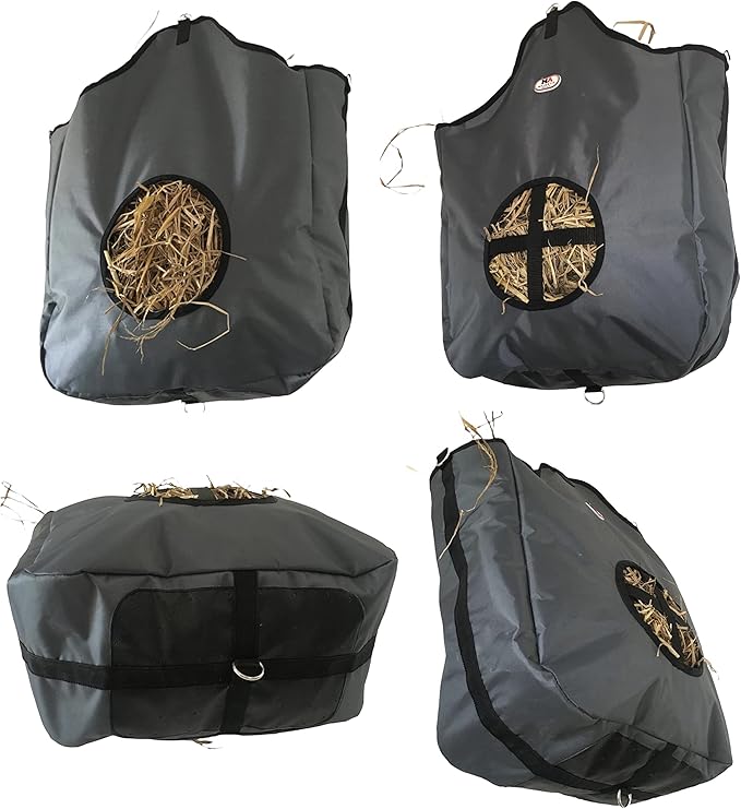 Majestic Ally Nylon Hay Feeder Tote Bag for Horse, Goat, Sheep - Double Sides Open Feed Hole with Faux Leather Ventilated Bottom- Premium Quality -Simulates Grazing - Reduces Waste (Dark Gray)