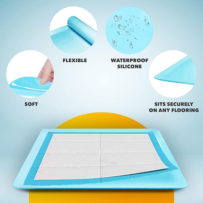 TidyFriend Dog Pee Pad Holder Tray Fits for 24” x 24” Wee Wee Pee Pads - Stable Grip, Raised Edges, Quick-Wipe Silicone Surface Dog Potty Tray Holder for Indoor Flooring Protection (Sky Blue)