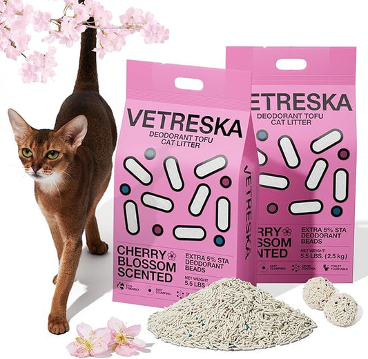 VETRESKA Cherry Blossom Tofu Cat Litter,Natural Kitty Litter Strong Clumping Flushable Cat Litter Pellets Ultra Absorbent,Dust-Free,Low Tracking,Deodorant Tofu Litter Compostable(5.5lb×2bags)